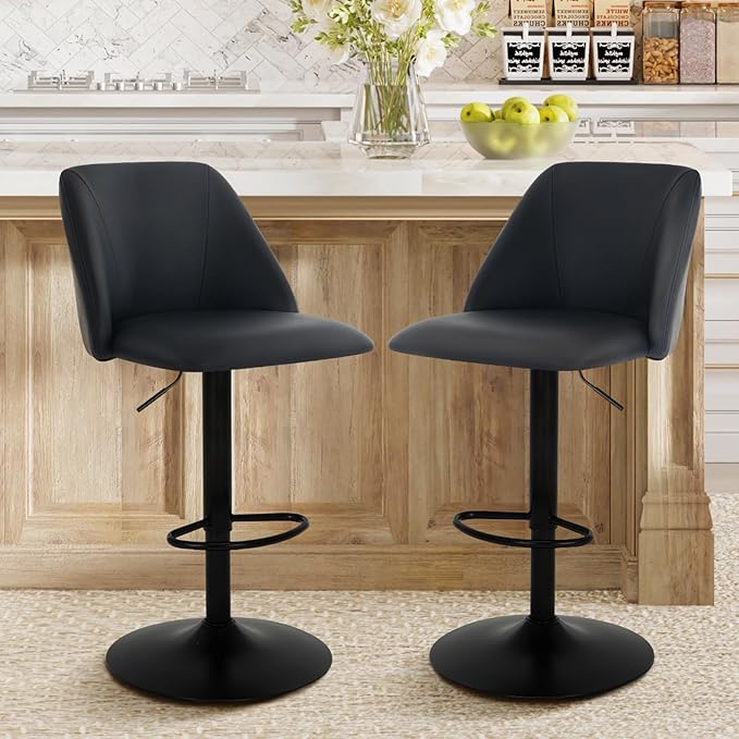 COLAMY Bar Stools Set of 3, Modern Swivel Bar Chairs, Adjustable PU Leather Upholstered Barstools Counter Height with Full Backrest for Bar, Dining Room, Kitchen Island, Black