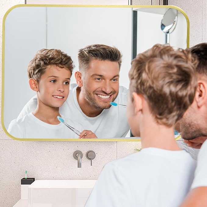 16x20 Inch Gold Mirror, Framed Rectangle Mirror with Rounded Corner, Brushed Brass Mirror, Gold Bathroom Mirror for Over Sink, Vanity, Living Room, Bedroom, Horizontal/Vertical