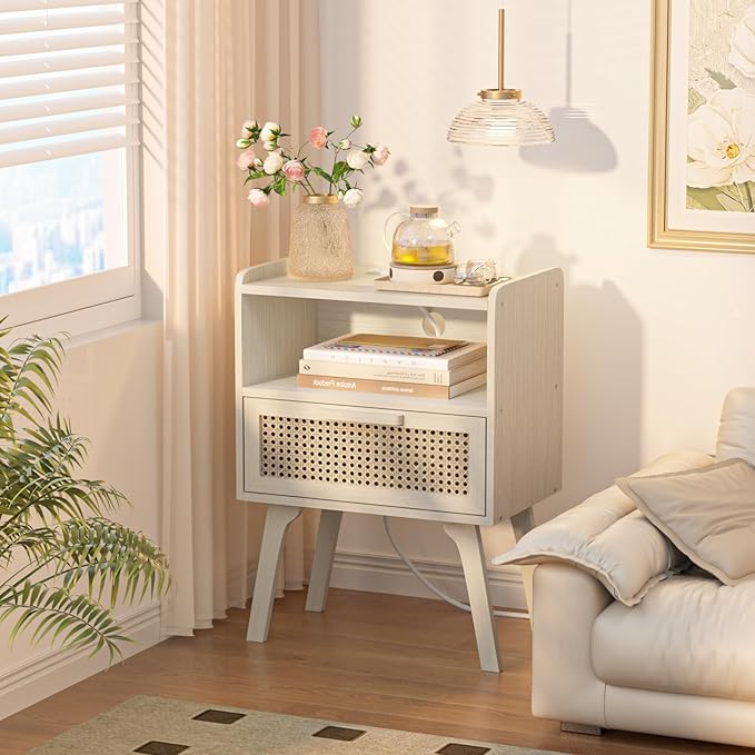 Lerliuo Rattan Nightstands Set of 2 with Charging Station, Side Table with Drawer Open Shelf, Cane Accent Bedside End Table, Night Stand for Bedroom, Dorm and Small Spaces (Grey White)