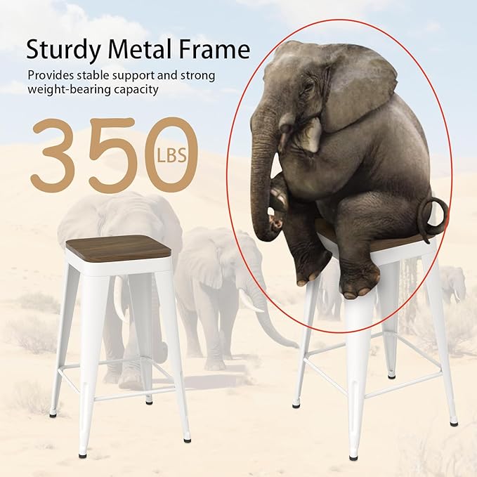 26 inch Backless Bar Stools Set of 4, Indoor Metal Bar Stools with Wood Seat, Industrial Counter Height Barstools for Kitchen Island, White