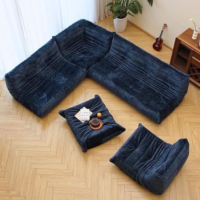 N&V Soft Premium Chenille Floor Lounge Chair, Mid Century Armless Floor Sofa, Foam Sofa Accent Chair for Living Room Bedroom and Office (Blue, Corner Chair)