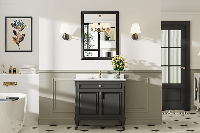 28x36 Inch Black Bathroom Mirror for Wall, Thick Metal Framed Rectangle Mirrors for Over Sink, Bedroom, Living Room, Entryway, Anti-Rust, HD Tempered Glass