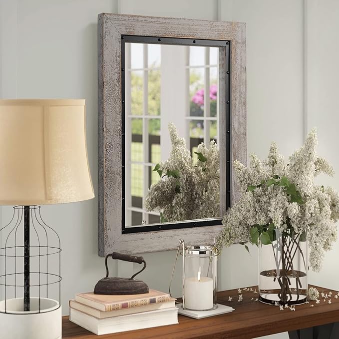YOSHOOT Rustic Wooden Framed Wall Mirror, 40"x30", Natural Wood and Iron Bathroom Vanity Mirror for Farmhouse Decor, Vertical or Horizontal Hanging