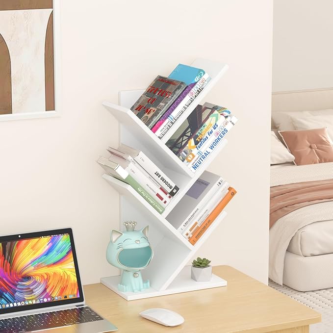 5 Tier Tree Book Shelf, Small Desktop Bookshelf with Storage Organizer, Wood Bookcase, Desk Display Bookshelves, Floor Standing Organizer Bookcases for Living Room,Bedroom,Office-White