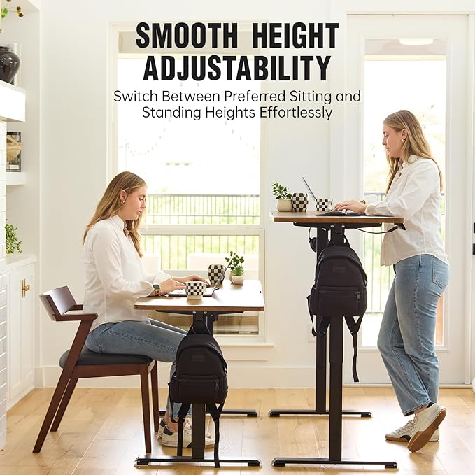 Veken 39.4" Small Electric Standing Desk, Height Adjustable Sit Stand Up, Wood Desktop, Work Home Office Computer PC Desks, Writing Study Bedroom Rising Table, Brown