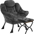 Lazy Chair with Folding Ottoman,Leisure Sofa Chair,Soft Fabric Armchair with Armrests and Side Pockets, Reading Chair with Footrest for Living Room, Bedroom, Office (Plush Dark Grey)