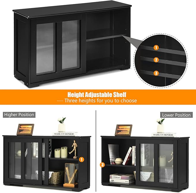Costzon Sideboard Buffet Cabinet, Wooden Kitchen Storage Cabinet with Adjustable Shelf, Sliding Glass Doors, Accent Coffee Bar Cabinet Console Table for Living Room, Dining Room, Hallway (Black)
