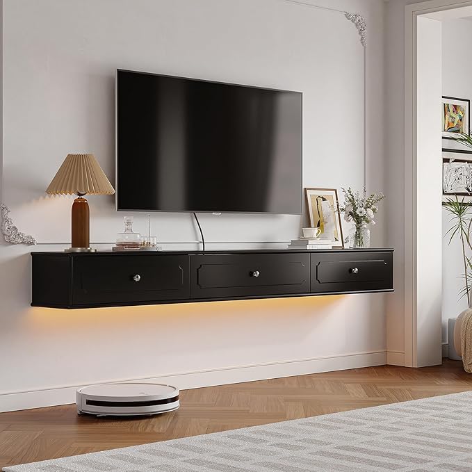 Retro Floating TV Console with 3 Doors,55'' High Gloss Floating TV Stand,Wall Mounted TV Cabinet,Contemporary Floating Media Console for Under TV Storage,Living Room,Bedroom(Black)