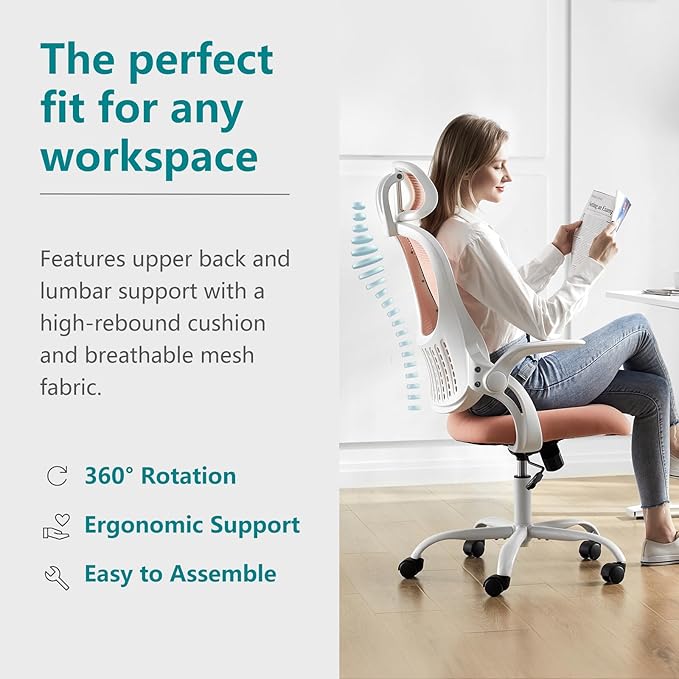 SMUG Office Desk Chair - Ergonomic High Back Computer Task Chair with Comfy Lumbar Support and Adjustable Headest, 360° Swivel, Flip-up Armrest for Home, Bedroom, Gaming, Study, Student, Pink