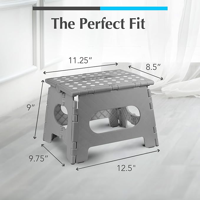 Handy Laundry - Folding Step Stool - Sturdy Enough Collapsible Stool to Support Adults and Safe Enough for Kids - Opens Easy with One Flip - Great for Kitchen, Bathroom or Bedroom (Grey - 9 Inch)