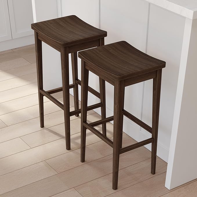 Plank+Beam Smythe Bar Stool, 30", Set of 4, Sturdy Wood Modern Kitchen Bar Height Stool, Saddle Seat Backless Bar Chair, Metal Footrest, Walnut