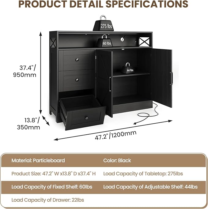 47inch Farmhouse Buffet Sideboard Cabinet, Wood Cupboard Storage Pantry Cabinet with Drawers, Coffee Bar Station Table for Kitchen Living Dining Room, Black