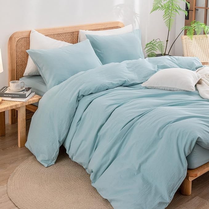 BESTOUCH Duvet Cover Set 100% Washed Cotton Linen Feel Super Soft Comfortable Chic Lightweight 2 PCs Home Bedding Set Solid Hushed Green Twin/Twin XL