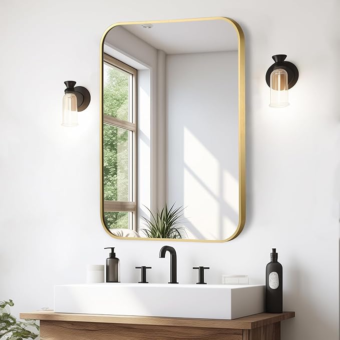 Brushed Gold Mirror, 20"x30" Rectangle Bathroom Mirror, Metal Frame Rectangle Corner Vanity Mirror, Wall Mounted Mirror for Modern, Living Room, Bedroom, Horizontal Or Vertical