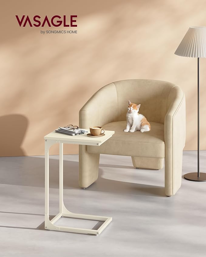 VASAGLE C-Shaped End Table, Small Side Table for Couch, Sofa Table with Metal Frame for Living Room, Bedroom, Bedside, Cream White