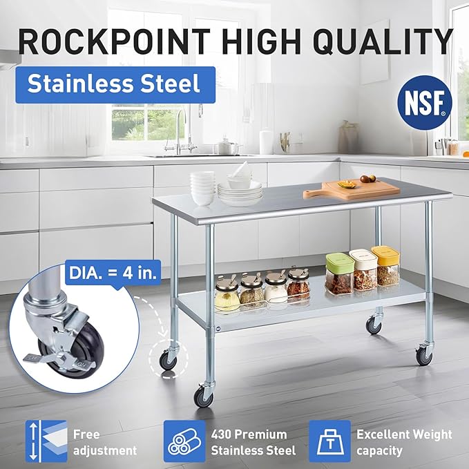 ROCKPOINT Stainless Steel Table for Prep & Work with Caster Wheels 18x60 Inches, NSF Metal Commercial Kitchen Heavy Duty Table with Adjustable Under Shelf and Table Foot for Restaurant, Home and Hotel