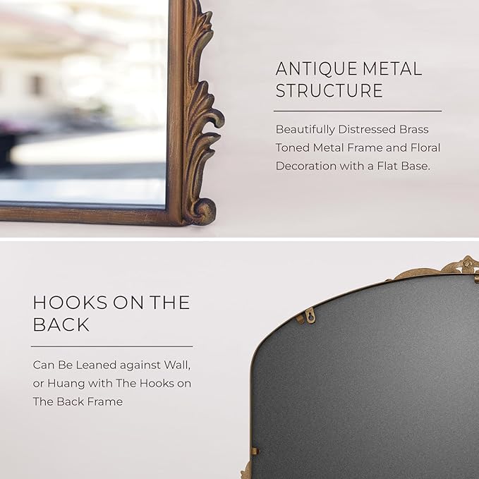 Distressed Antique Brass Wall Mirror Wide - 36x24 inch, Large Vintage Gold Fireplace Mantle Mirror, Baroque Ornate Decorative Bathroom Mirror for Over Sink
