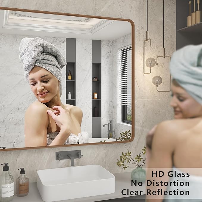 50x40 Inch Gold Bathroom Mirror, Rounded Rectangle Gold Frame Mirror, Brushed Gold Brass Bathroom Vanity Mirror Wall-Mounted, Anti-Rust, Hangs Horizontally or Vertically