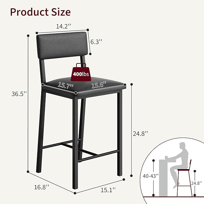 Garvee Bar Stools Set of 4, Kitchen Barstools with Thick Cushion, 25 Inch Counter Height Bar Stools with Backrest and Footrest, for Dining Room, Kitchen Island Counter Chairs, Retro Black