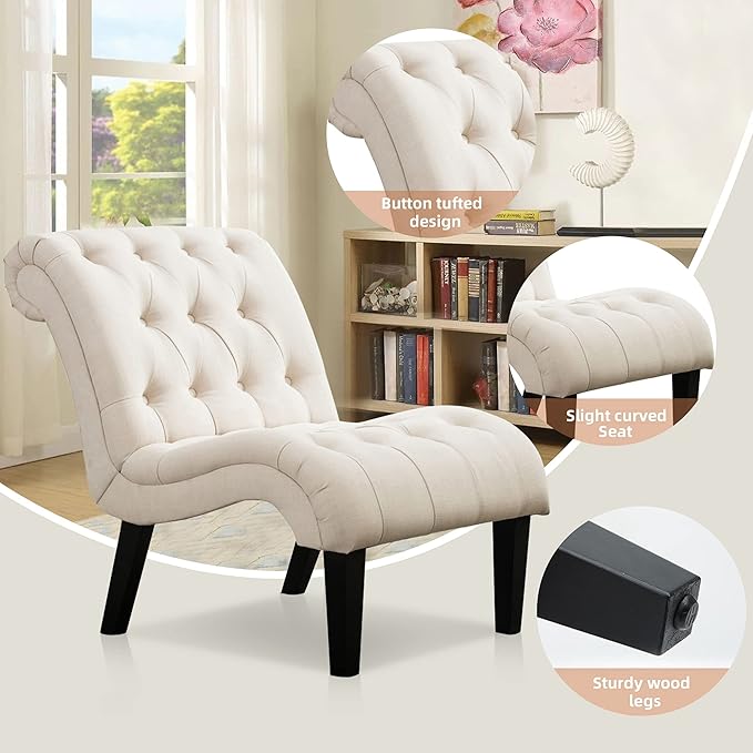 Yongqiang Accent Chairs for Living Room Set of 2 Upholstered Tufted Bedroom Chairs Curved Armless Side Chairs with Wood Legs Linen Fabric