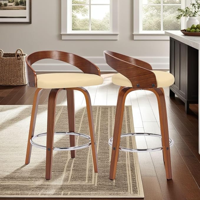 Armen Living Sonia 26" Counter Height Swivel Cream Faux Leather and Walnut Wood Bar Stool - Set of 2