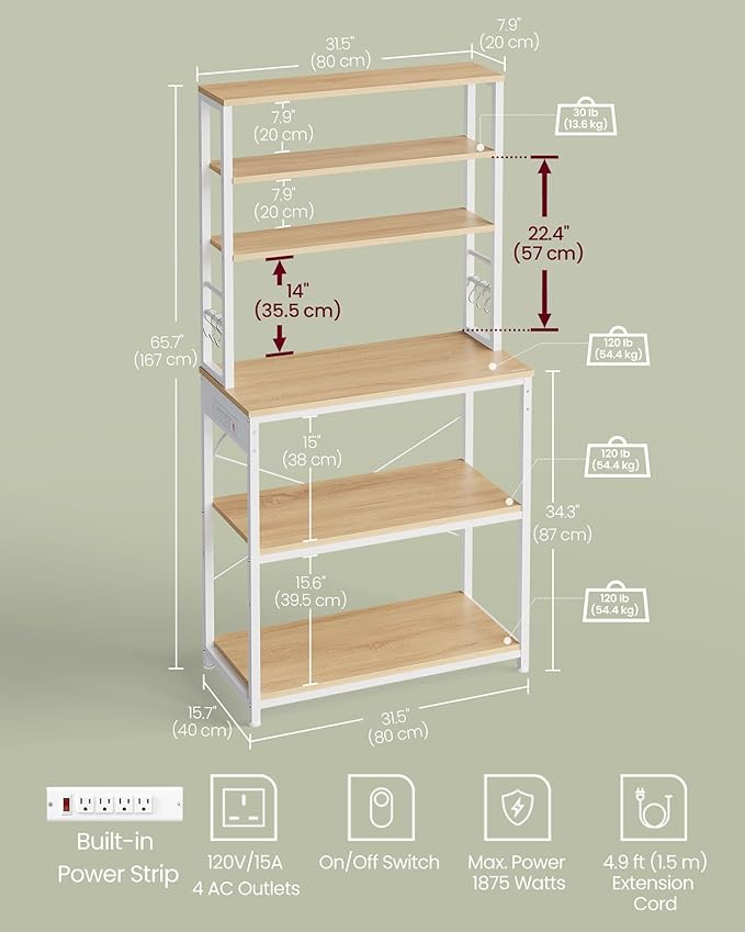 VASAGLE Bakers Rack with Power Outlet, 31.5 Inches Coffee Bar for Kitchen with Storage, 6-Tier Kitchen Shelves with 6 Hooks, Microwave Stand, Golden Oak and White UKKS119Y01