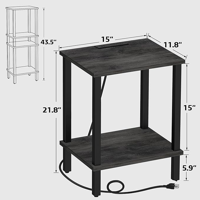 TUTOTAK End Table with Charging Station, Small Side Table with Outlets, Nightstand Bedside Table, 2-Tier Storage Shelf for Small Space, Living Room, Bedroom, Charcoal Grey TB01BY040