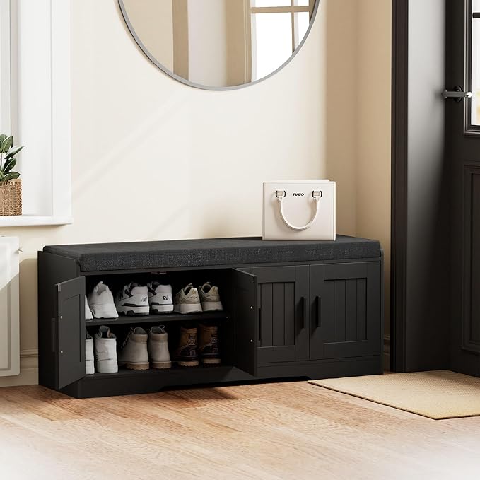 2-Tier Storage Bench, Shoe Bench with Thickened Padded Seat Cushion, Entryway Bench with 4 Doors, Adjustable Shelf, 13.8" D x 45.3" W x 18.5" H, for Entryway, Living Room, Bedroom, Black