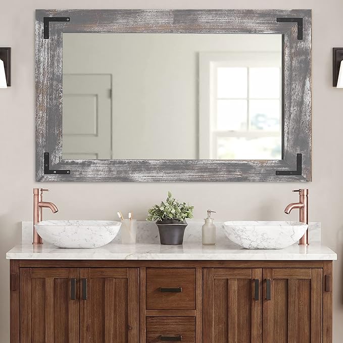 YOSHOOT Rustic Wooden Framed Wall Mirror, 40"x26", Natural Wood Bathroom Vanity Mirror for Farmhouse Decor, Vertical or Horizontal Hanging