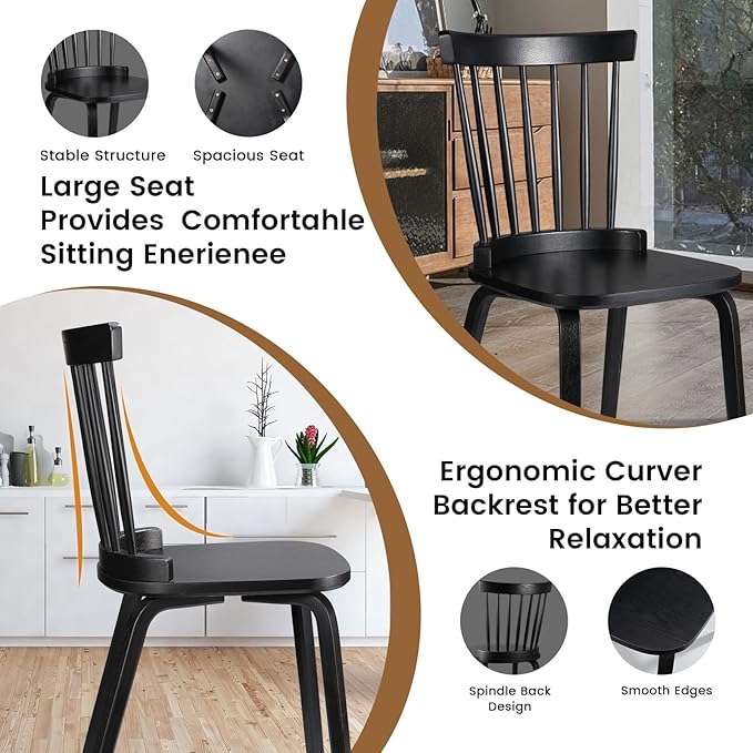 Unovivy Wood Dining Chairs Set of 6, Windsor Farmhouse Spindle Back, Widen Seat, Modern Mid-Century Country Style, for Living Room Restaurant, Black