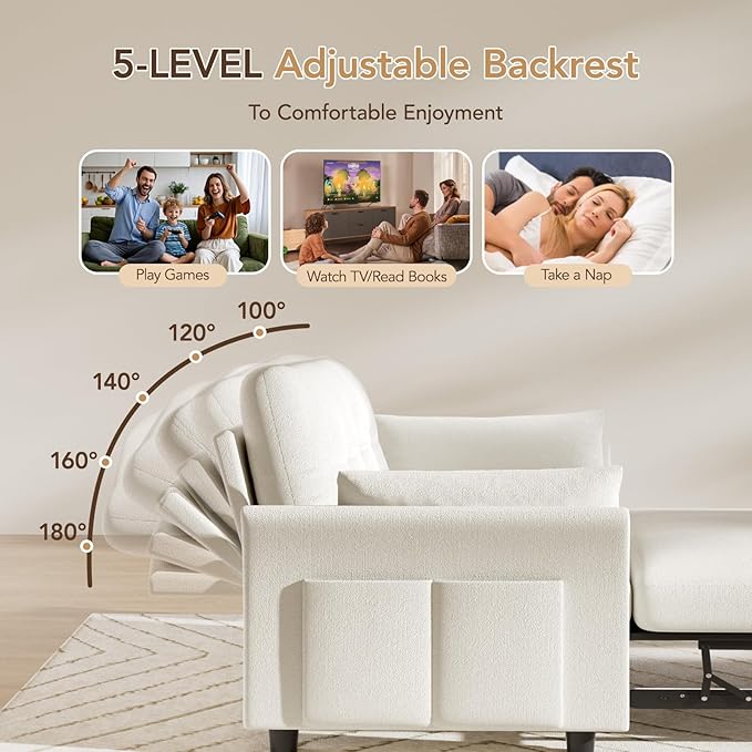 Vipbear 3-in-1 Chenille Convertible Sofa Bed, Pull Out Sleeper Sofa with Reclining Backrest & Side Pocket, Tool-Free Assembly, Folding Loveseat for Living Room, Apartment, White