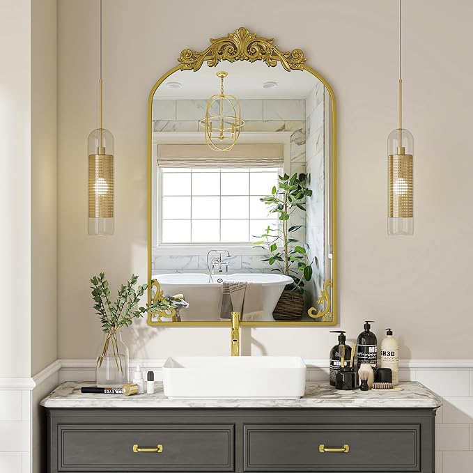26x38 inch Vintage Arched Bathroom Mirror - Gorgeous Wall Vanity Mirror with Beautiful Retro Top and Bottom Engraving Process Frame for Entryway Hallway Living Room, Gold