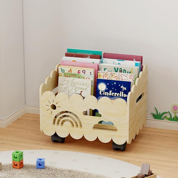 Wood Kids Bookshelf, Montessori Bookshelf, with 2 Adjustable Dividers, 4 Wheels Suitable Kids Rooms, Nursery & Classroom, Book Shelf for Kids Rooms, Toddler Book Rack, Nursery Book Shelves