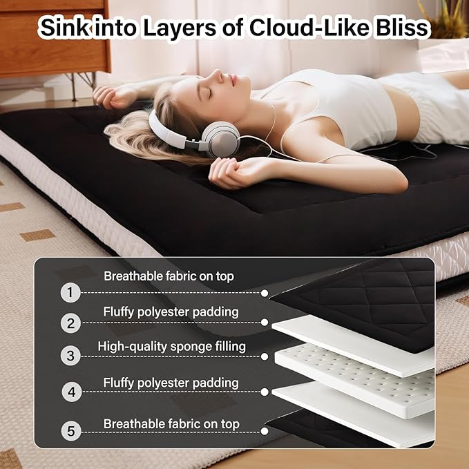 Welnow Japanese Futon Floor Mattress, Thick Full Size Tatami Mat Portable & Foldable Roll Up Floor Bed Mattress with Storage Bag, Sleeping Pad for Adults, Dorm, Guest Bed, Camping and Travel, Black