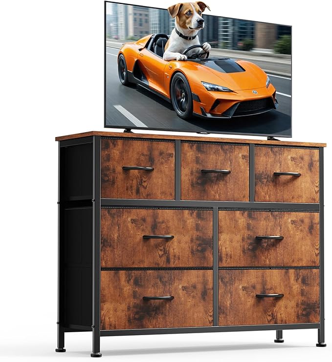 DUMOS Dresser for Bedroom with 7 Drawers, Storage Organizer Units Furniture, Chest Tower TV Stand with Fabric Bins, Metal Frame, Wooden Top for Nursery, Living Room, Bedroom, Closet, Brown