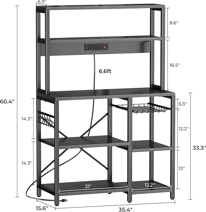 SUPERJARE Bakers Rack with Power Outlet, 35.4 Inches Coffee Bar with Wire Basket, Kitchen Microwave Stand with 6 S-Shaped Hooks, Open Storage Shelves, Black