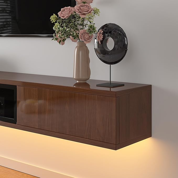 High Gloss Floating TV Stand,47'' Wall Mounted TV Console,Under TV Floating Shelf,Floating TV Cabinet with 3 Doors for Bedroom Living Room(Walnut)