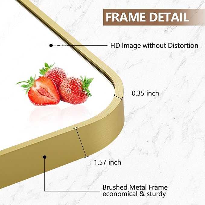 16x20 Inch Gold Mirror, Framed Rectangle Mirror with Rounded Corner, Brushed Brass Mirror, Gold Bathroom Mirror for Over Sink, Vanity, Living Room, Bedroom, Horizontal/Vertical