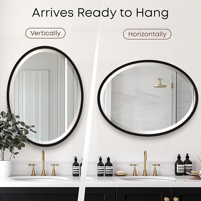 OVALCREST - Oval Wooden Beveled Wall Mirror for Home Decor, Bathroom, Vanity, Bedroom, Living Room, Hallway - London Style (Rubbed Black) 17.1 x 21.1