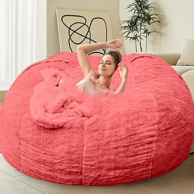 Bean Bag Chair for Adults Kids Without Filling Comfy Oversized Round Lazy Sofa Bean Bag Cover for Stuffed Animal Storage Bedroom Living Room Chairs, 6FT, Rose Red