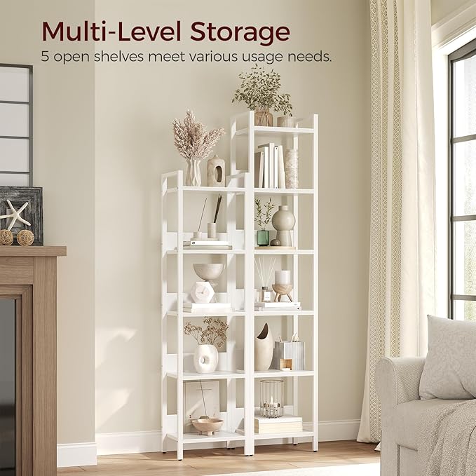 Bookshelf, 5-Tier Bookcase, Standing Book Shelf for Small Space, Storage Shelf Organizer, for Living Room, Bedroom, Study, Balcony, White BKBW5501