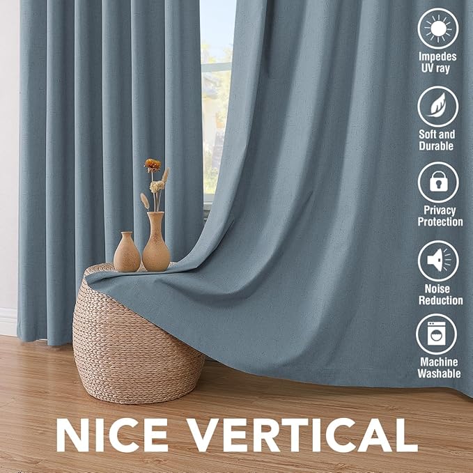 H.VERSAILTEX Linen Blackout Curtains 108 Inches Long 100% Blackout Thermal Insulated Textured Linen Look Curtain Draperies Anti-Rust Grommet, Energy Saving with White Liner, 2 Panels, Stone Blue