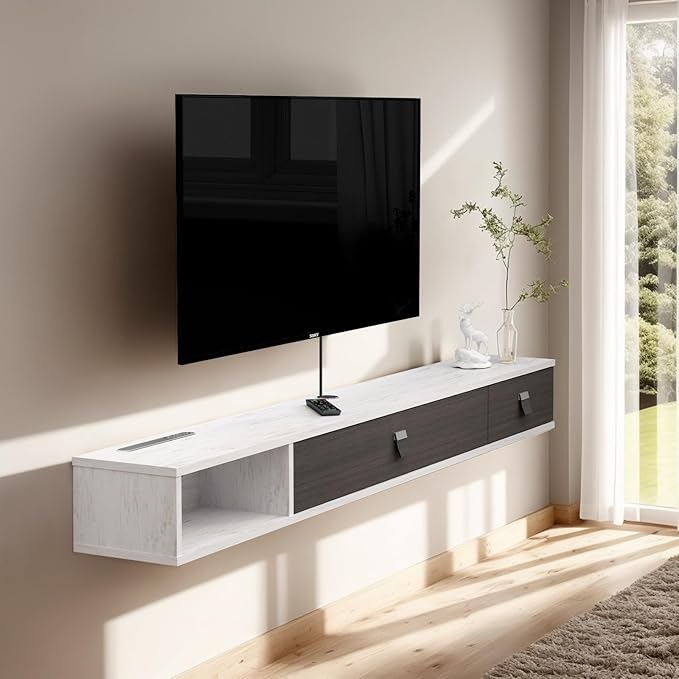 Pmnianhua Floating TV Shelf,70'' Wall Mounted Floating TV Stand Unit Media Console Wall TV Console Cabinet Media Entertainment Shelf with 2 Doors for TVs up to 75 inch (Greyish-White)