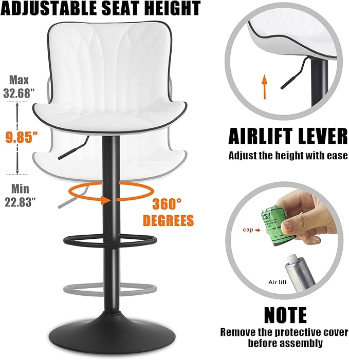 YOUNIKE White Bar Stools Set of 2 Modern Kitchen Counter Height Bar Chair with Back Swivel Adjustable Faux Leather Upholstered Barstools for Breakfast Island Tall 300LBS