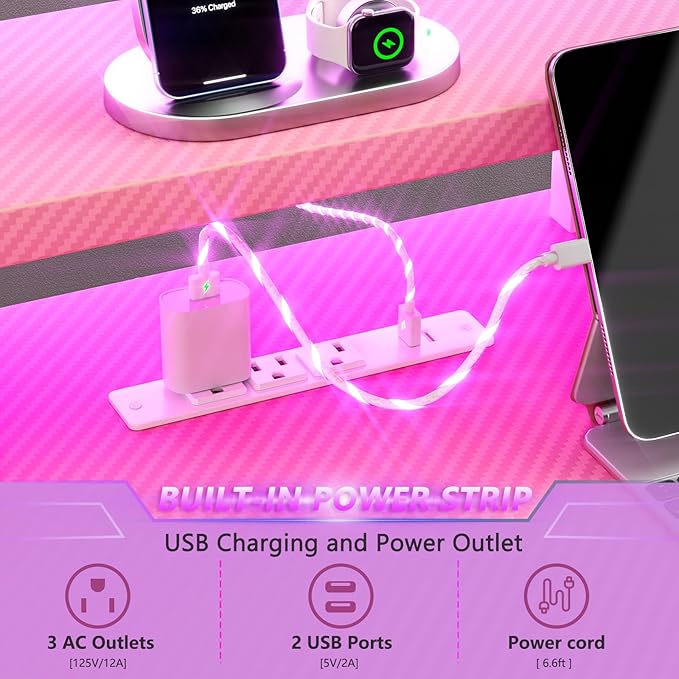 47 Inch Pink Gaming Desk with Power Outlet & LED Lights, Corner Computer Desk with 3 Tiers Storage Shelves, L Shaped Gaming Desk with Monitor Stand for Bedroom