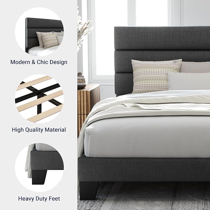 Allewie Full Size Platform Bed Frame with Fabric Upholstered Headboard and Wooden Slats Support, Fully Upholstered Mattress Foundation/No Box Spring Needed/Easy Assembly, Dark Grey