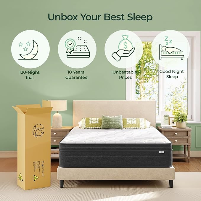 Twin Mattress 10 Inch in a Box - Memory Foam & Pocket Spring Hybrid Mattress for Back Pain Relief, Cool Breathable Fiberglass-Free Cover, Medium Firm, CertiPUR-US Certified