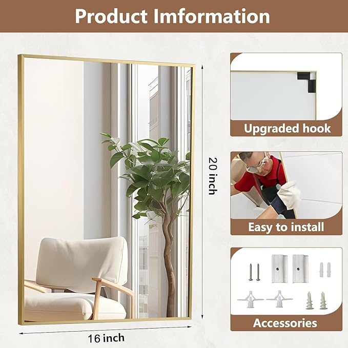Gold Bathroom Mirror, 16"x20" Rectangle Mirror, Brushed Gold Mirror, Metal Frame Square Corner Vanity Mirror, Wall Mounted Mirror for Modern, Living Room, Bedroom, Horizontal Or Vertical
