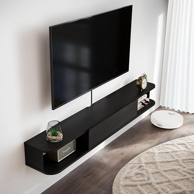 Pmnianhua Floating TV Stand with Drawer,66'' Wall-Mounted TV Cabinet,Floating TV Console,Under TV Entertainment Shelf with Storage for Bedroom Living Room(Black)