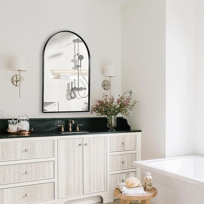 28" x 36" Black Arched Mirror, Large Arch Bathroom Wall Mirror, Metal Frame Arched Top Bathroom Vanity Mirror for Living Room, Bedroom, Entryway, Tempered Glass, Shatter Proof